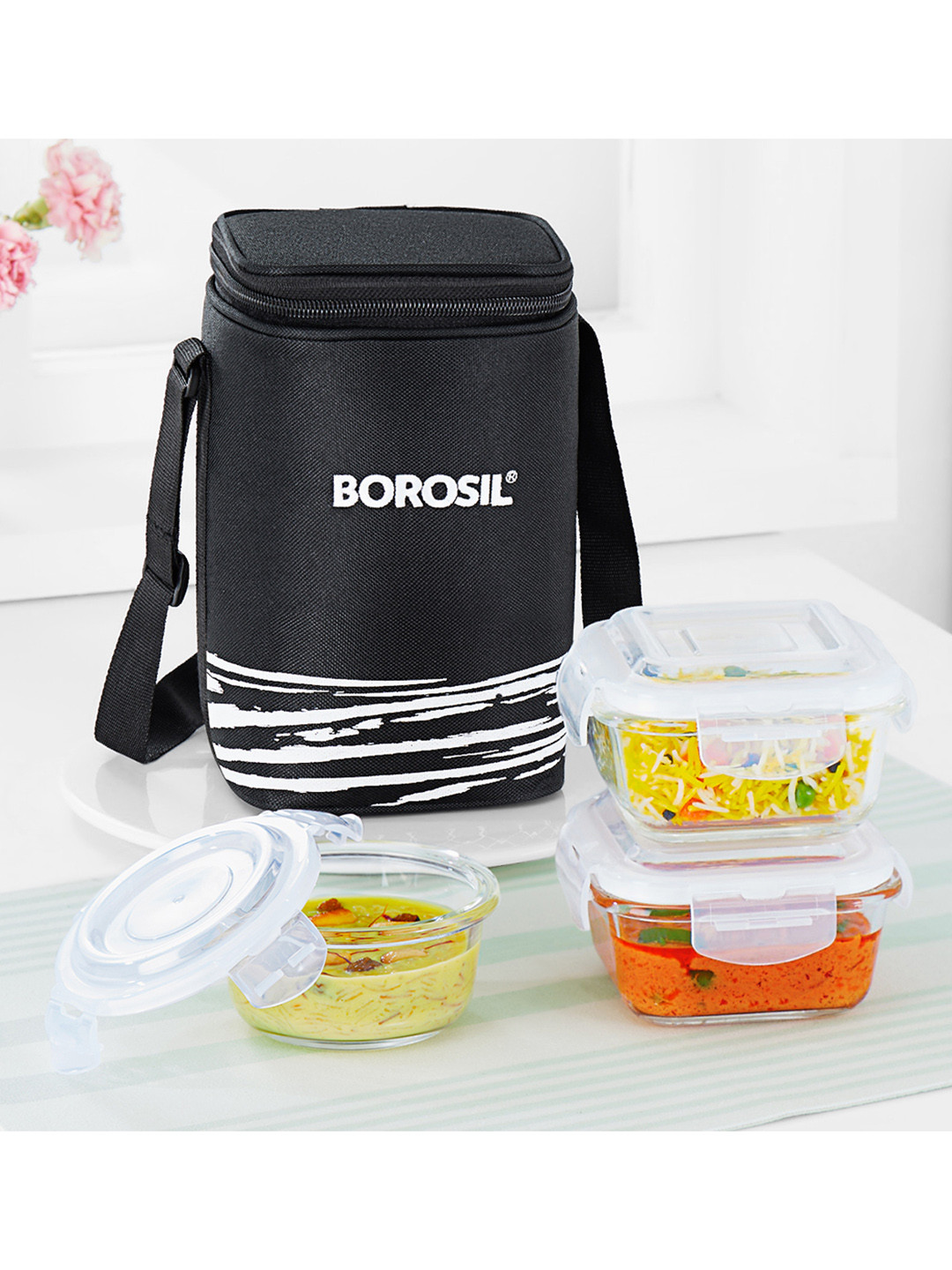 BOROSIL Stellar black Set Of 3 Black Glass Lunch Box