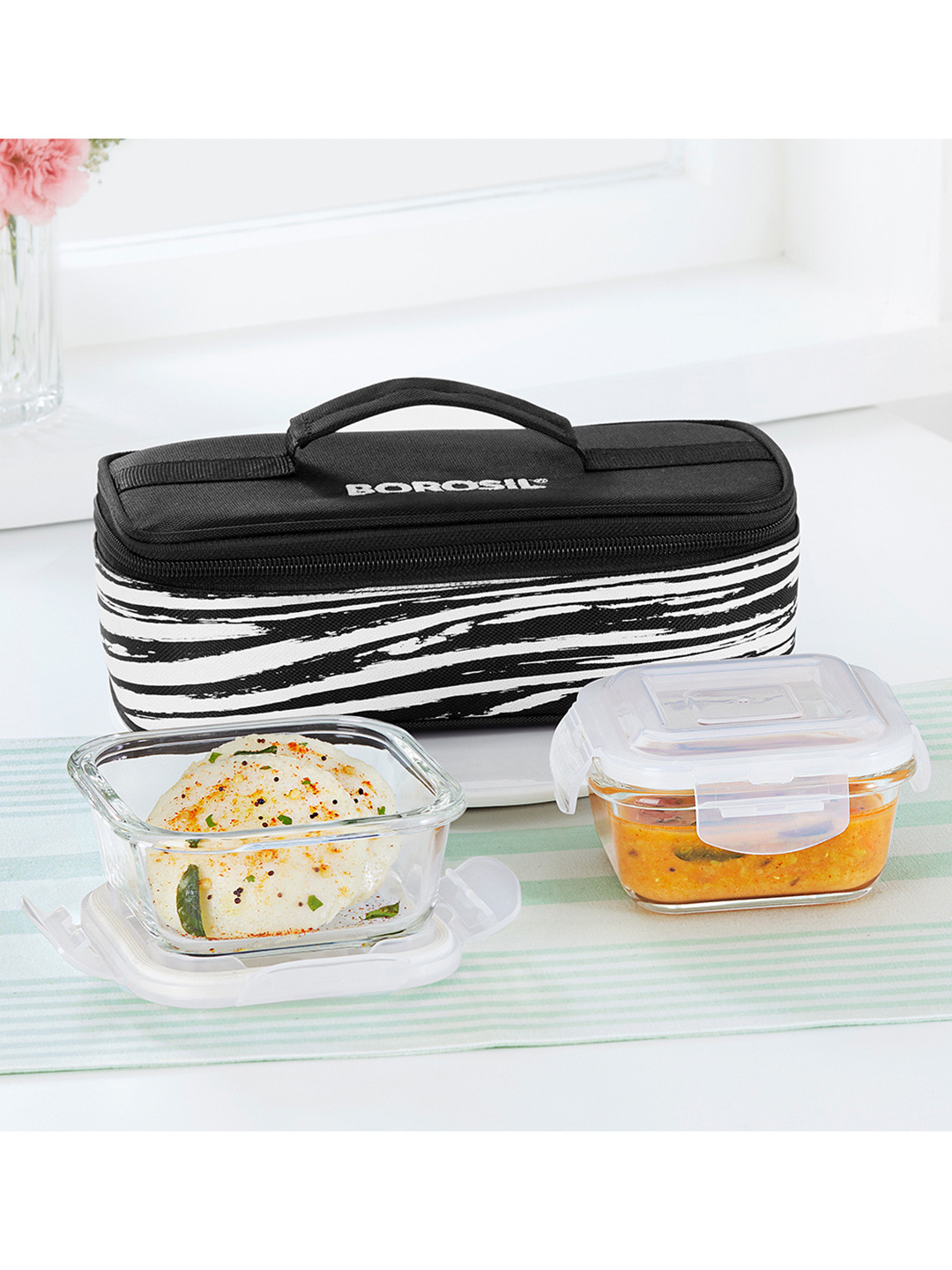 BOROSIL  2-Pcs Black & Transaparent Glass Lunch Box With Insulated Lunch Bag - 320 ml
