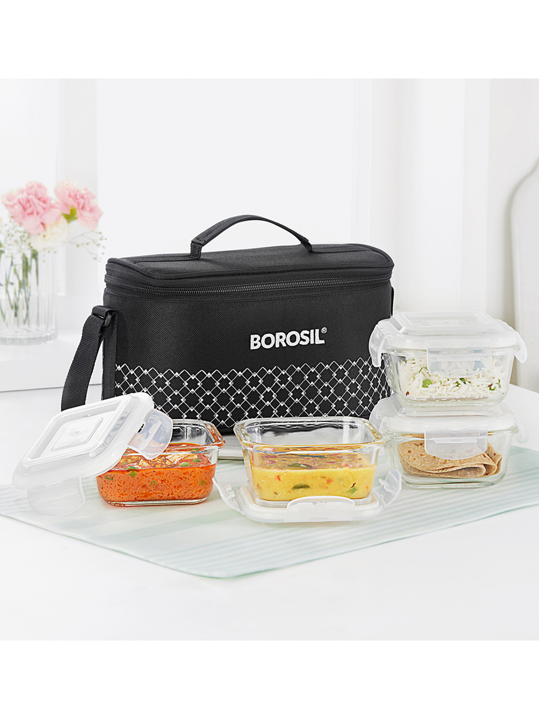 BOROSIL 4-Pcs Black & White Glass Lunch Box With Lunch Bag