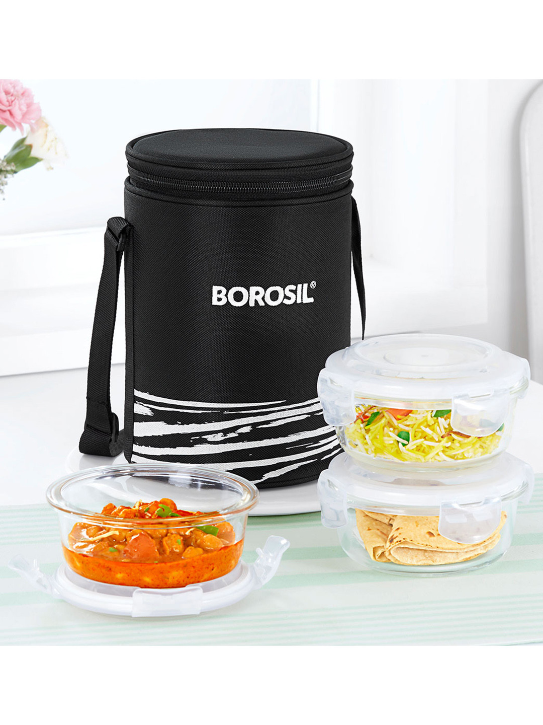 BOROSIL 3Pcs Black & Transparent Round Glass Lunch Box With Lunch Bag