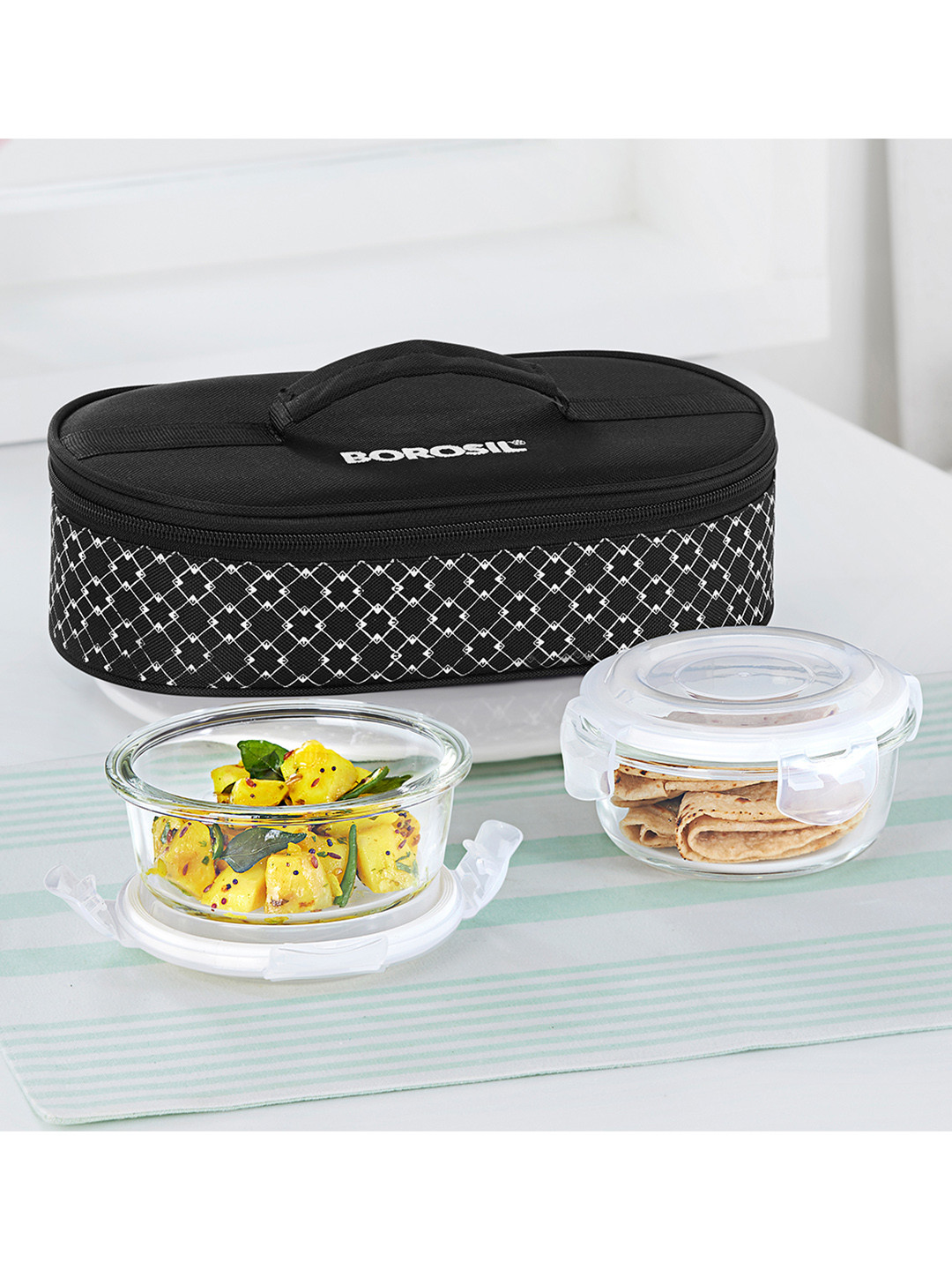 BOROSIL 2-Pcs Black Printed Glass Lunch Box With Insulated Lunch Bag