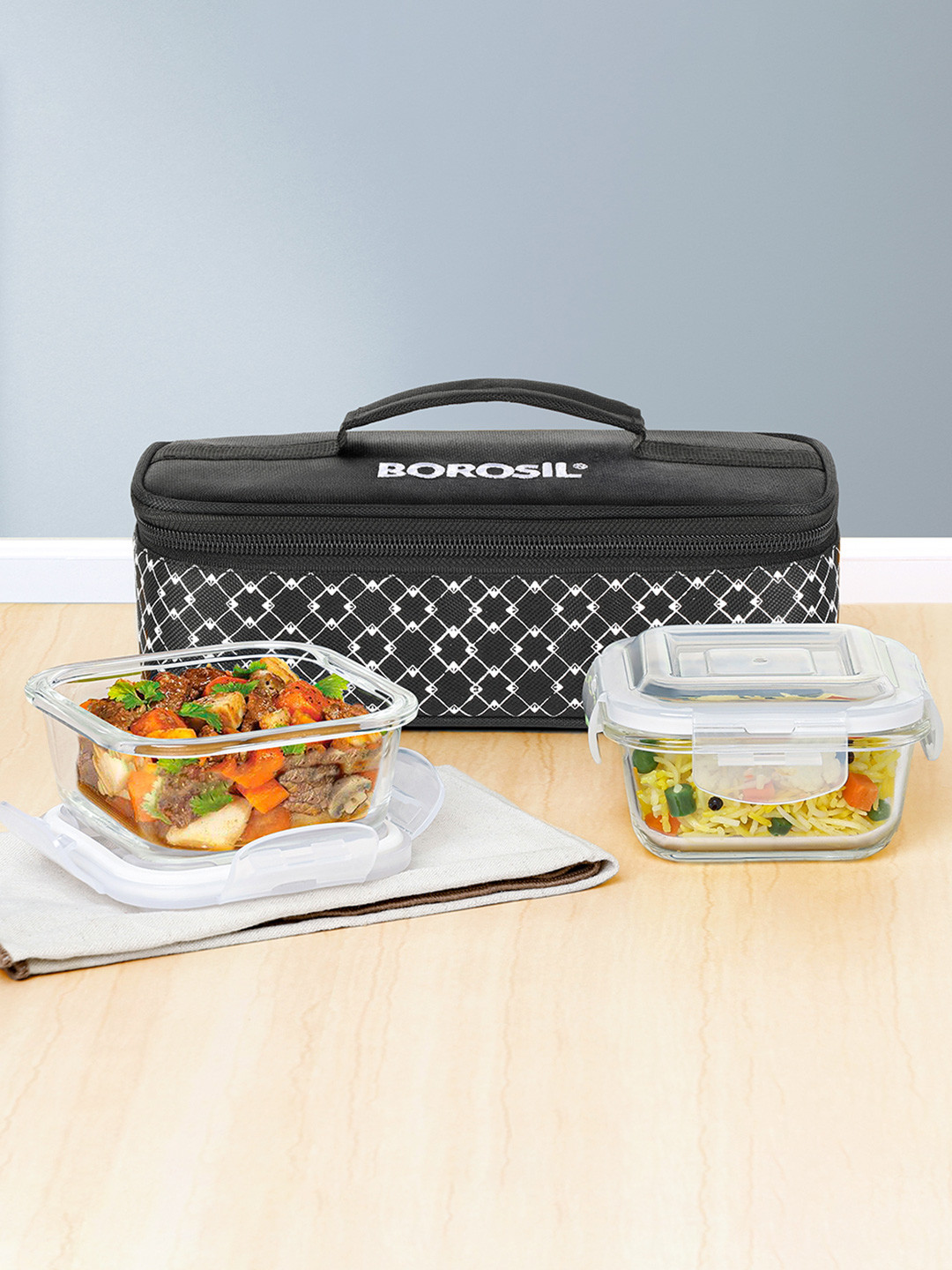 BOROSIL Zeal Set Of 3 Black Glass Lunch Box