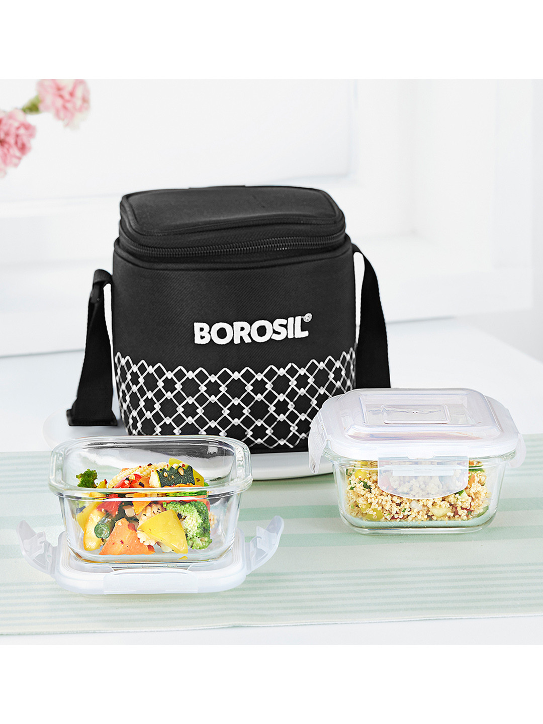 BOROSIL 2Pcs Black & Transparent Square Glass Lunch Box With Lunch Bag