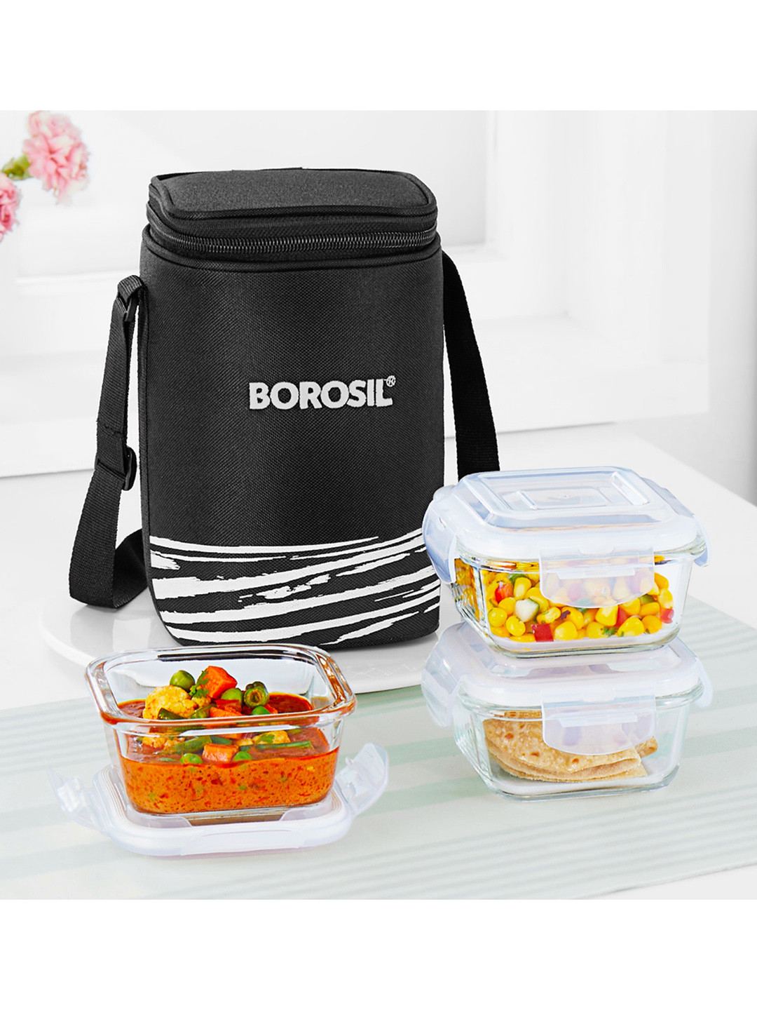 BOROSIL 3-Pcs Black Printed Glass Lunch Box With Insulated Lunch Bag