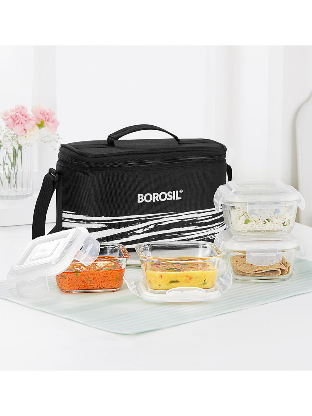 BOROSIL 4-Pcs Black & White Glass Lunch Box With Lunch Bag