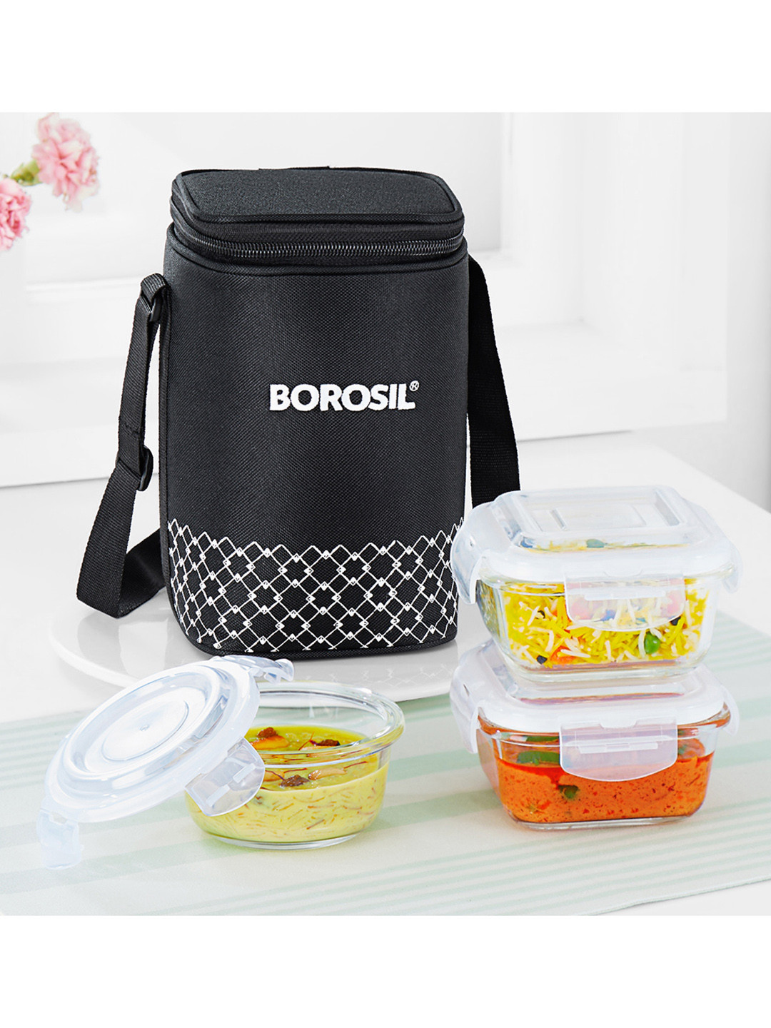 BOROSIL 3-Pcs Black Printed Glass Lunch Box With Insulated Lunch Bag
