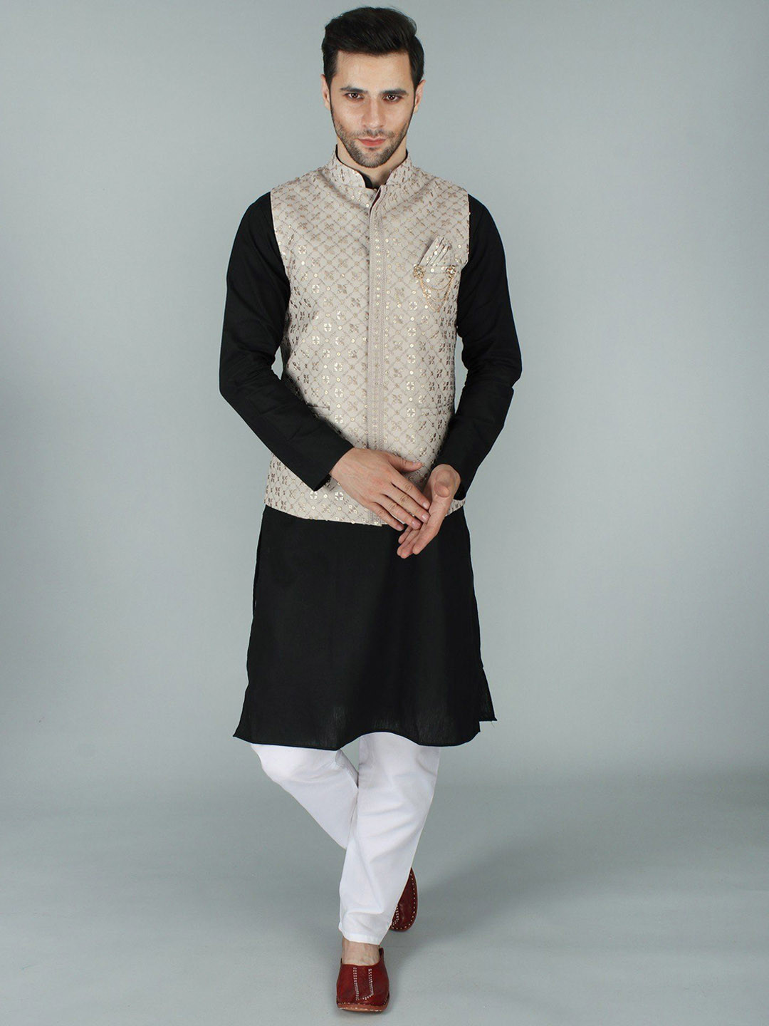 Exotic India Silver Cloud Kamdani Chikankari Ethnic Georgette Nehru Jacket Waist Coat