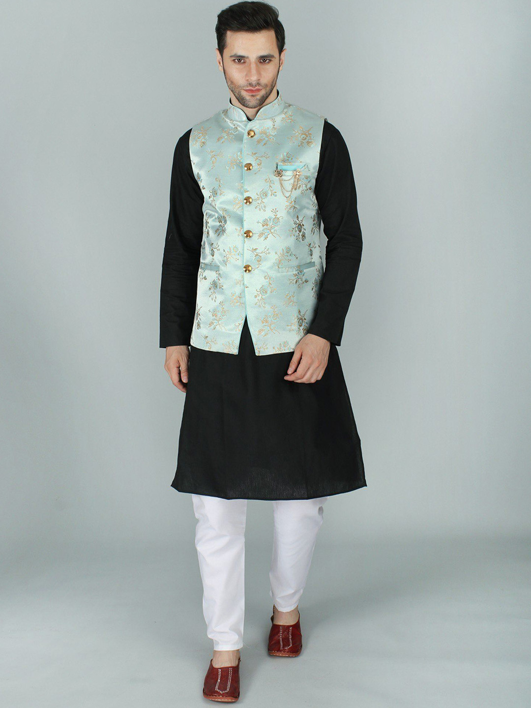 Exotic India Pastel Blue Ethnic Party Wear Floral Brocade Nehru Jacket Waist Coat