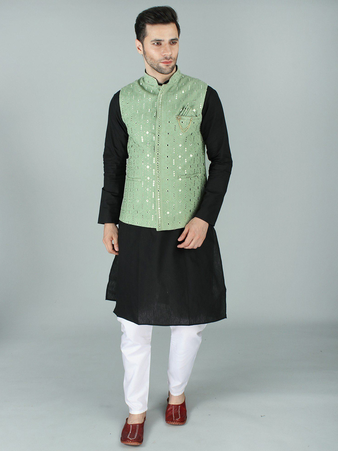 Exotic India Lint Ethnic Nehru Jacket Waist Coat with Thread-Sequin and Mirror Embroidery