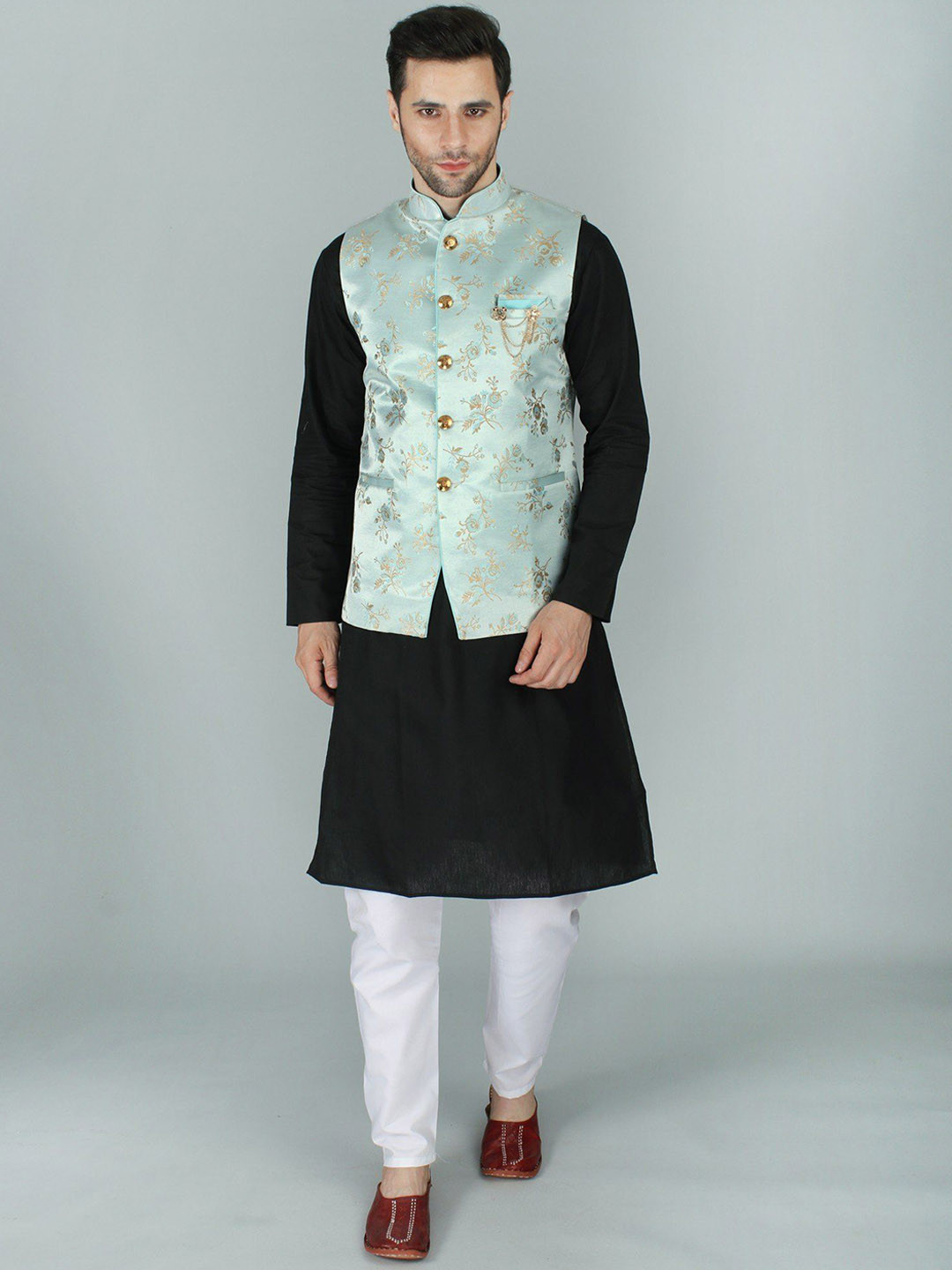Exotic India Pastel Blue Ethnic Party Wear Floral Brocade Nehru Jacket Waist Coat