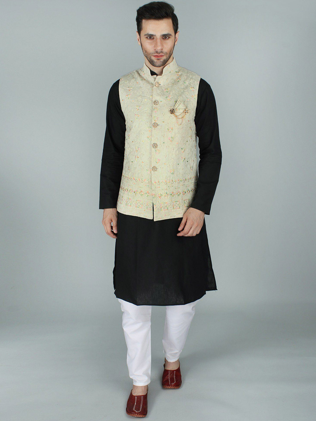 Exotic India Cream Nehru Jacket Waist Coat with Delicate Thread Embroidery and Sequin Work