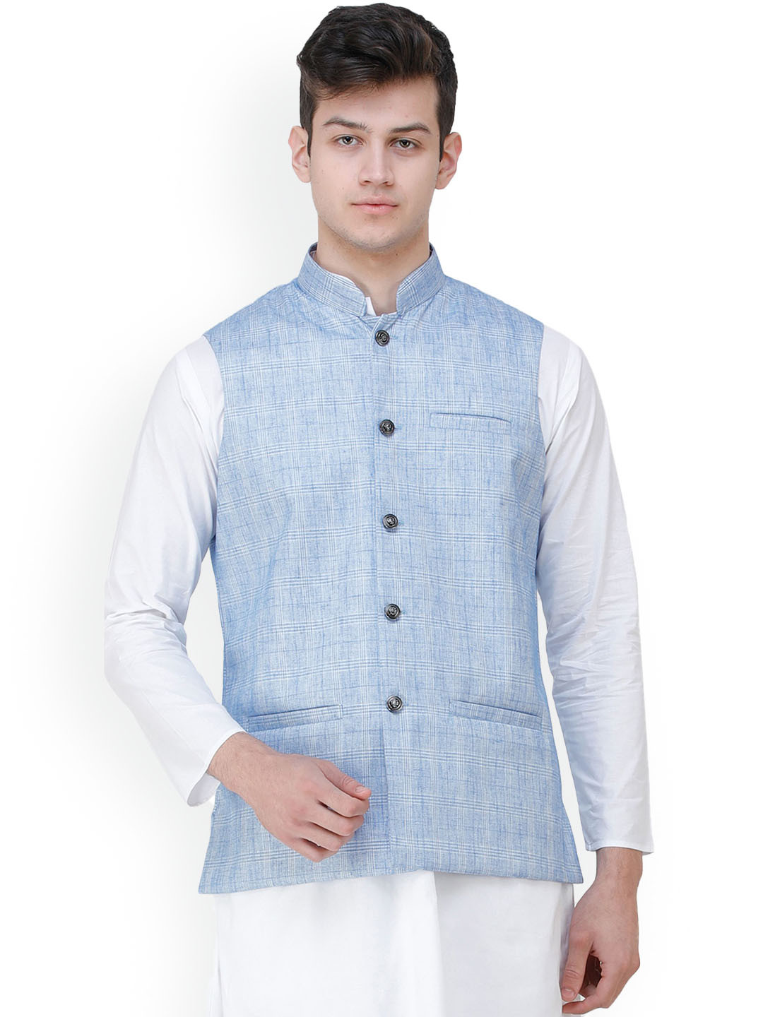 Exotic India Placid Blue Double Check Pattern Nehru Jacket with Front Pockets