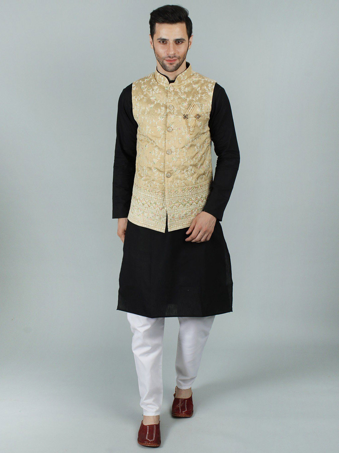 Exotic India Beige Nehru Jacket Waist Coat with Delicate Thread Embroidery and Sequin Work
