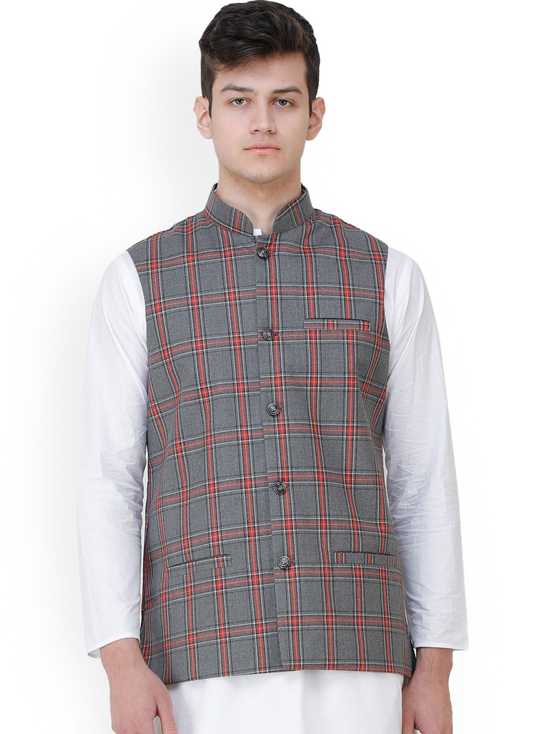 Exotic India Excalibur Double Check Pattern Nehru Jacket with Front Pockets
