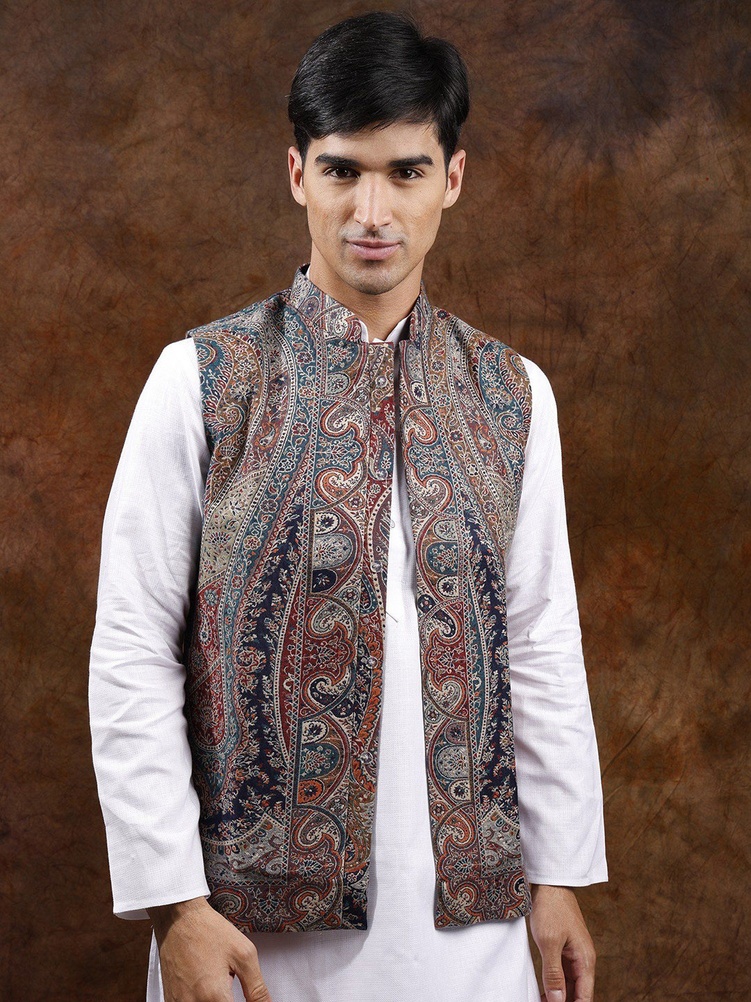 Exotic India Kani Jamawar Wool Nehru Jacket with Woven Paiselys and Flowers