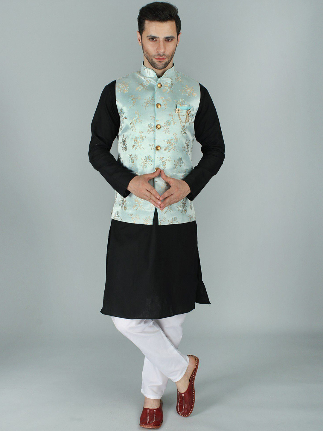 Exotic India Pastel Blue Ethnic Party Wear Floral Brocade Nehru Jacket Waist Coat