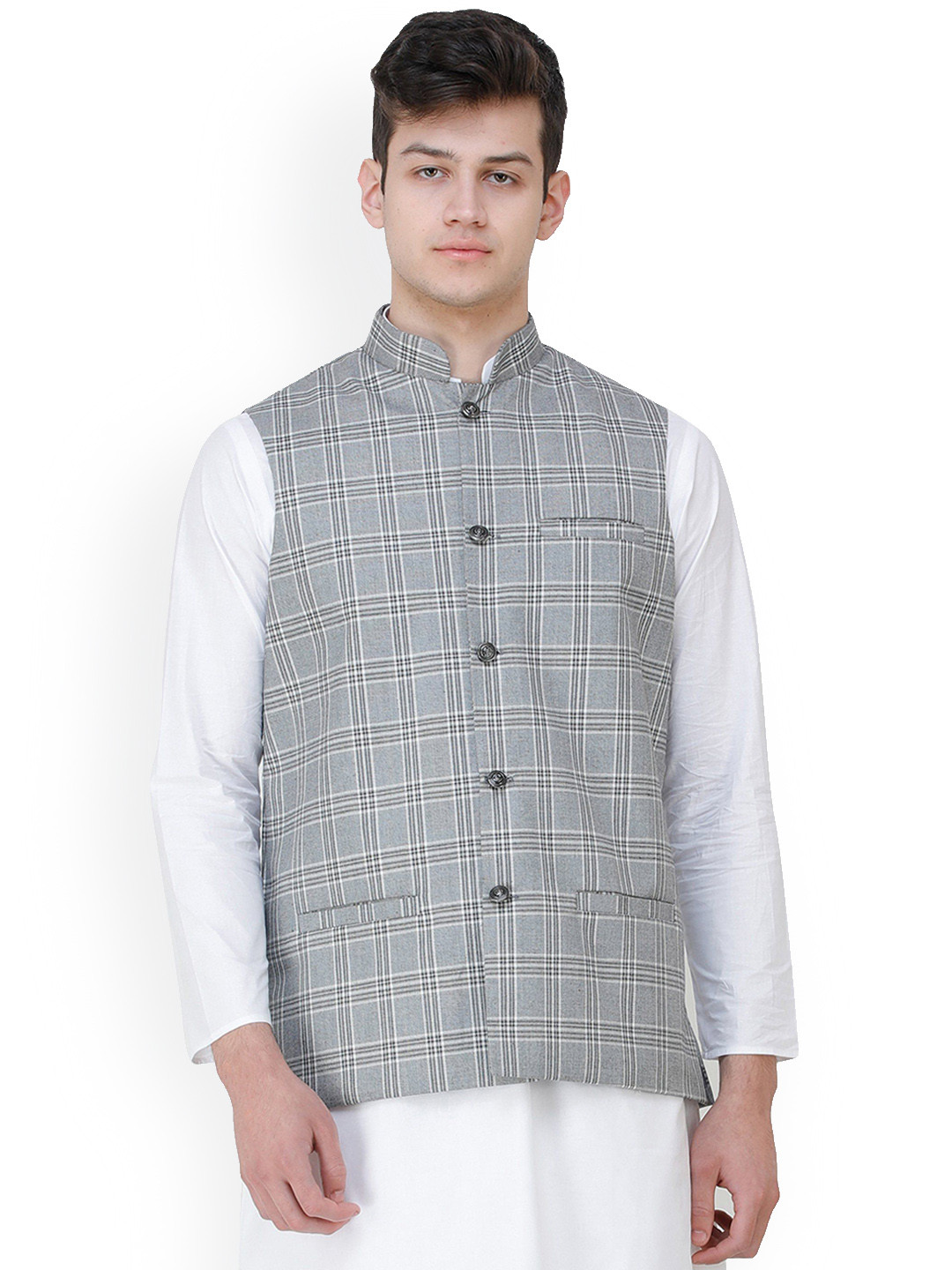 Exotic India Ash Double Check Pattern Polywool Nehru Jacket with Front Pockets