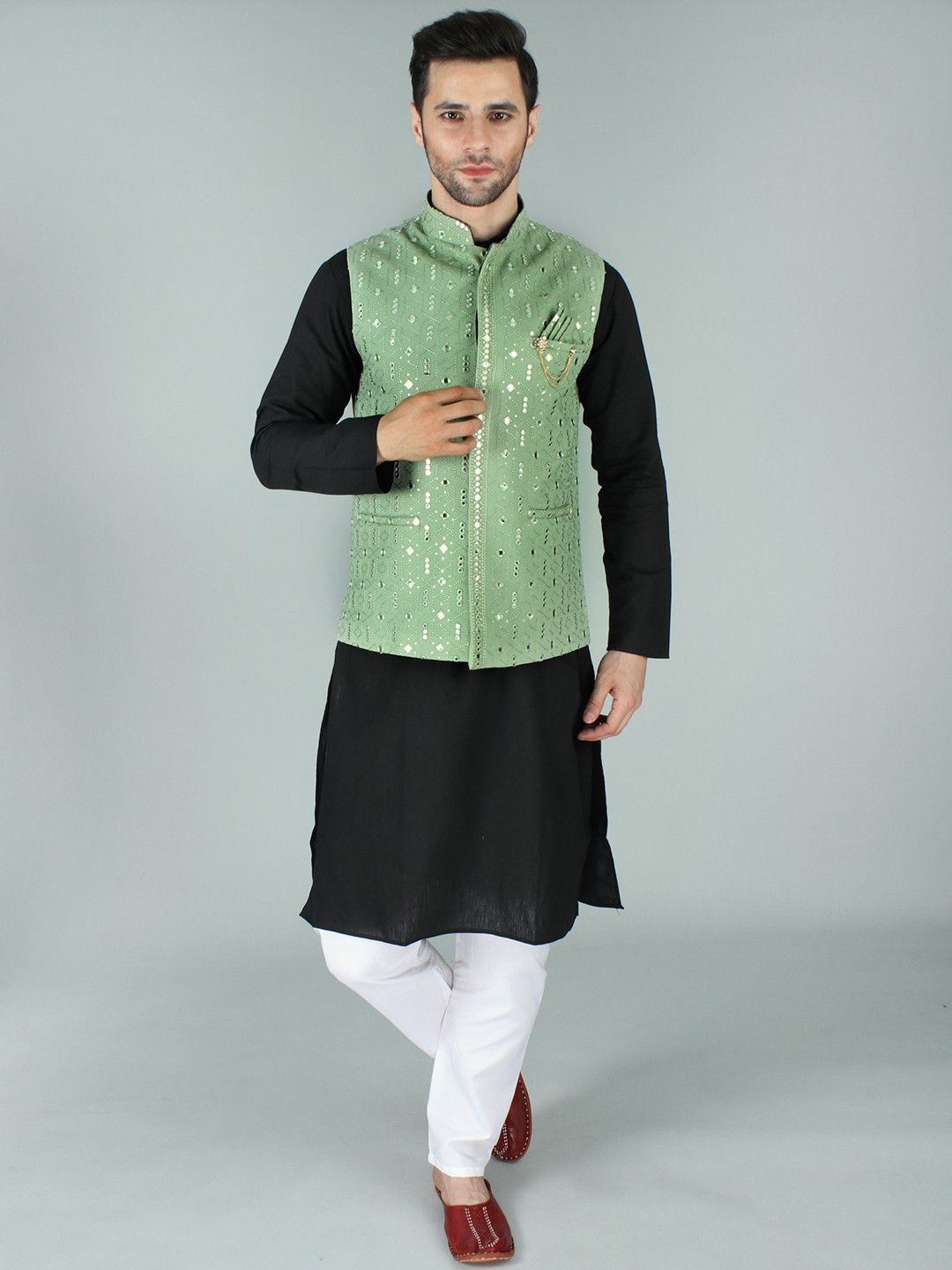 Exotic India Lint Ethnic Nehru Jacket Waist Coat with Thread-Sequin and Mirror Embroidery