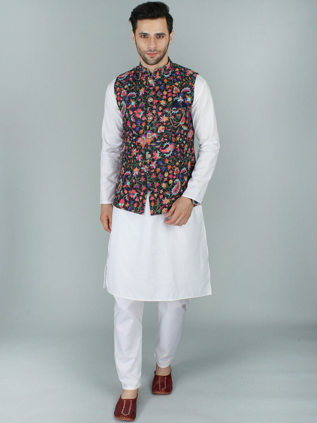Exotic India Black Chikan Ethnic Nehru Jacket Waist Coat with Multicolor Kani Print