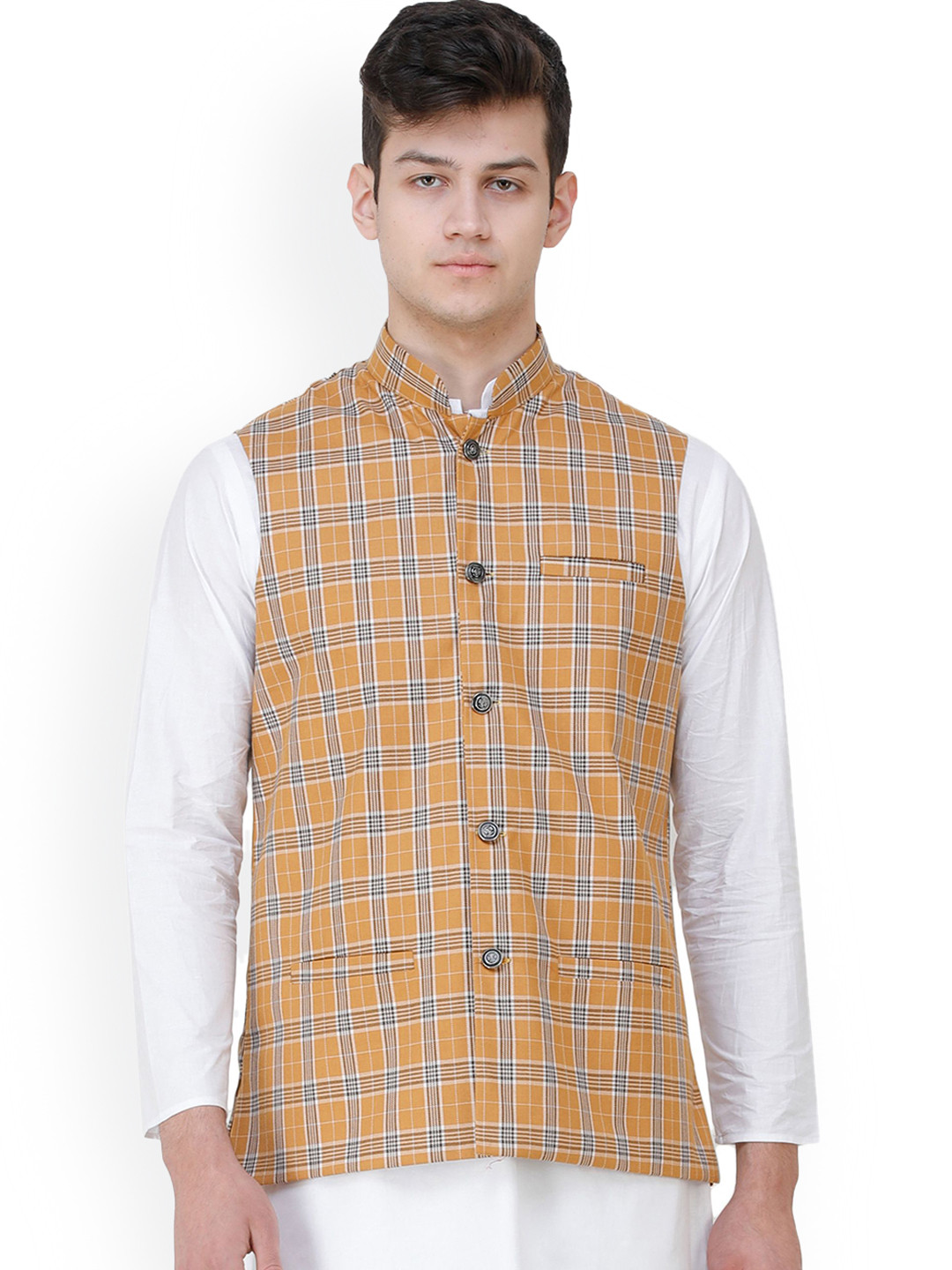 Exotic India Double Check Pattern Nehru Jacket with Front Pockets