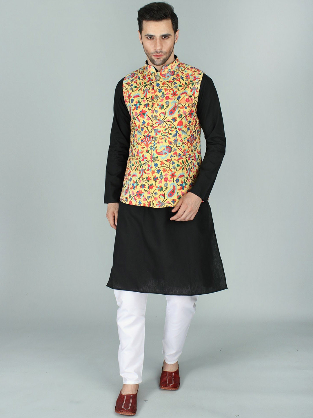 Exotic India Yellow Chikan Ethnic Nehru Jacket Waist Coat with Multicolor Kani Print