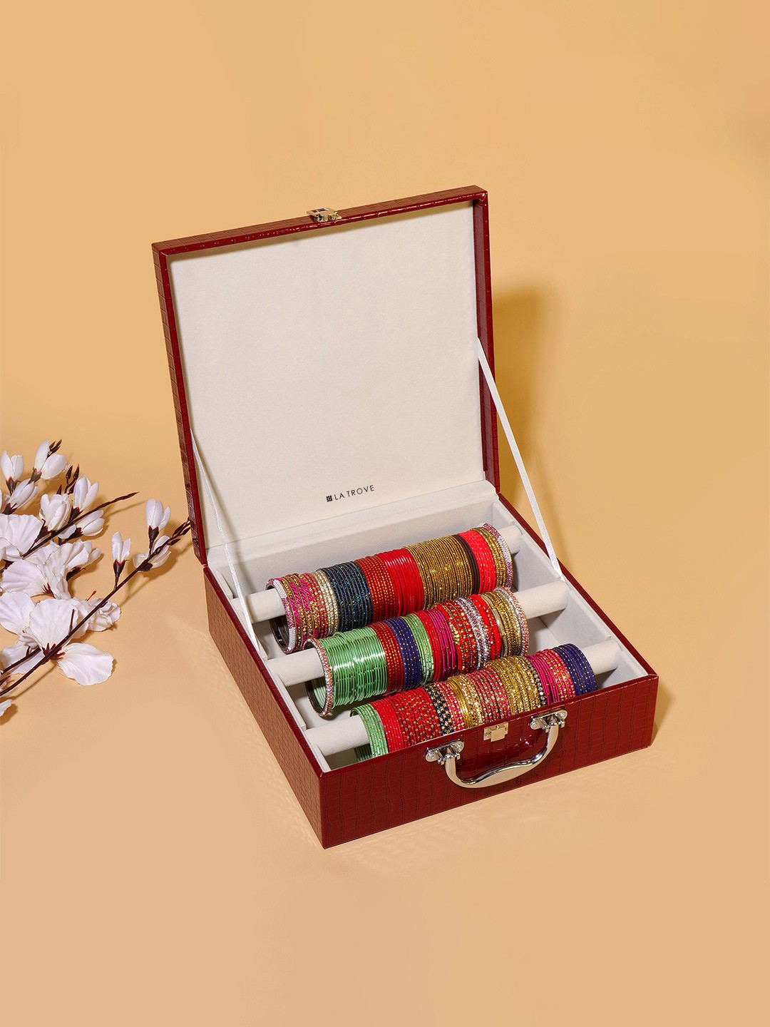 La Trove Women 3 Rod Maroon Leather Bangle Organizer Box for Wadrobe Closet