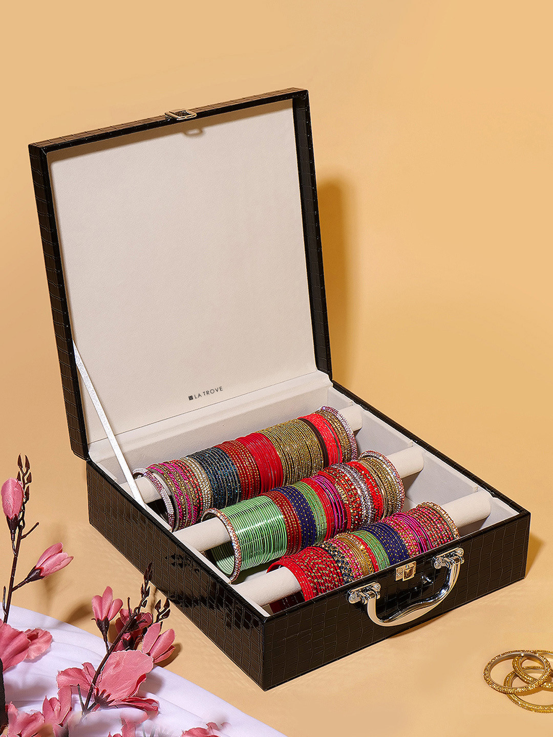 La Trove Women 3 Rod Black Leather Bangle Organizer Box for Wadrobe Closet