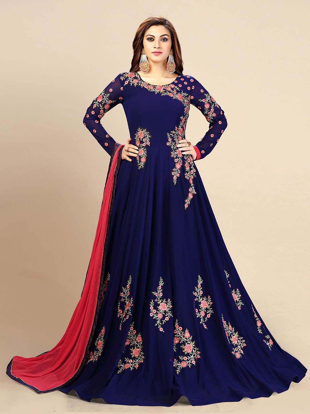 Trendmalls Women Floral Embroidered  Beads and Stones Kurti with Trousers & With Dupatta