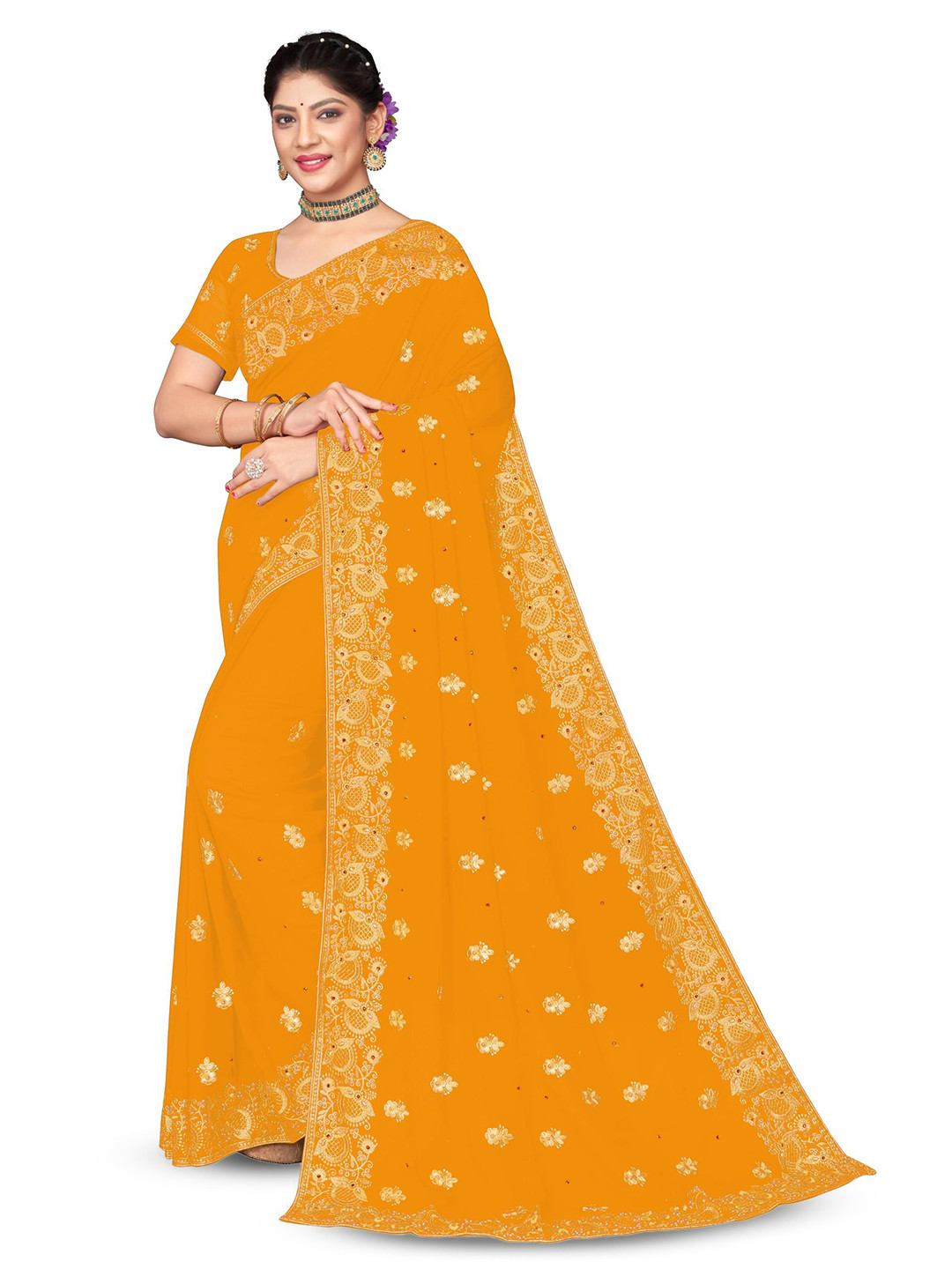 KHRITI FAB Ethnic Motifs Embroidered Pure Georgette Saree