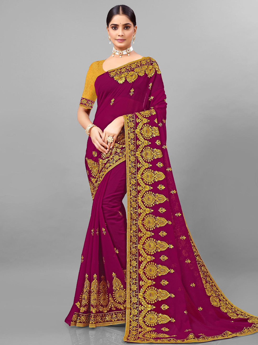 KHRITI FAB Ethnic Motifs Embroidered Pure Georgette Saree