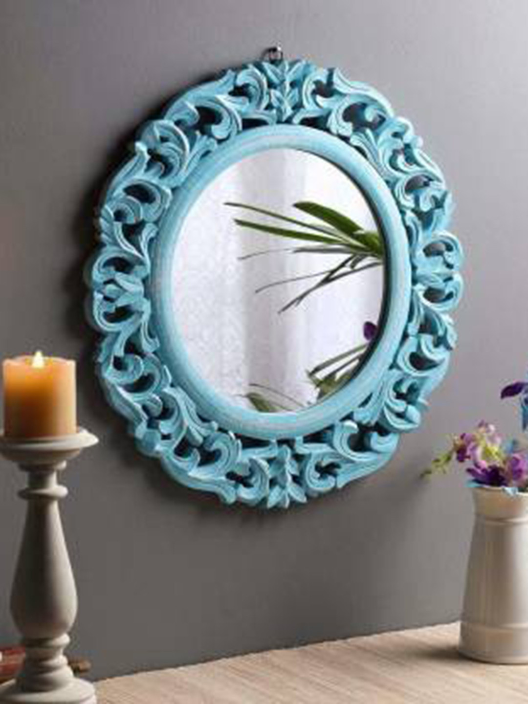 VAS collection home Blue Self Designed Round Shaped Wooden Wall Mirror