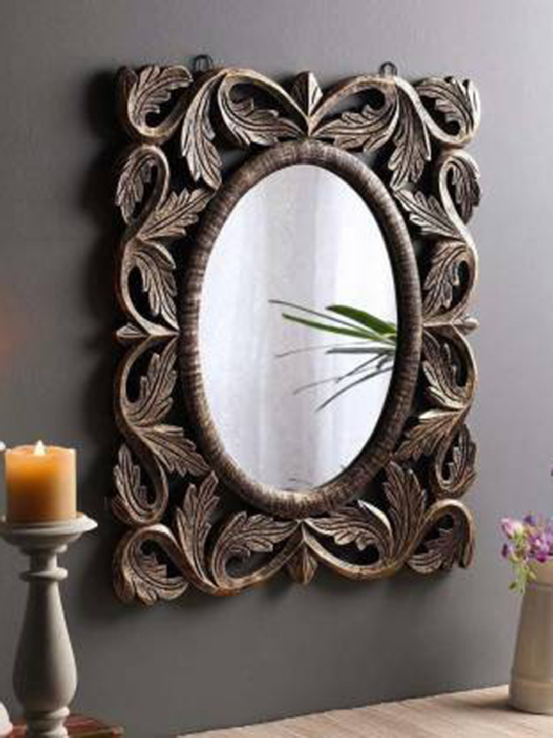 VAS collection home Gold Toned Textured Wooden Oval Shaped Wall Mirror