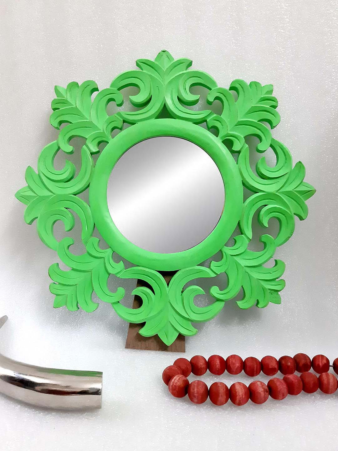 VAS collection home Green Round Wooden Framed Decorative Table Top Mirrors