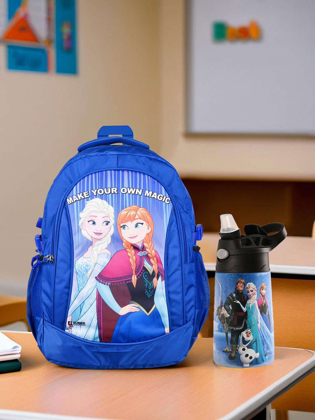 Kuber Industries combo set Unisex Disney Graphic  Blue school bag with sipper waterbottle