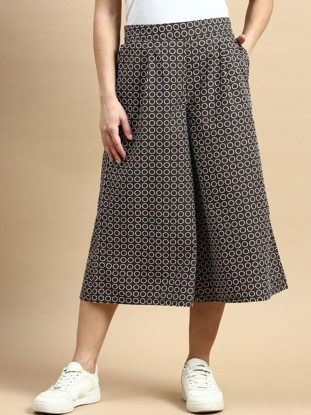 De Moza Women Polka Dot Printed High-Rise Pleated Culottes Trousers