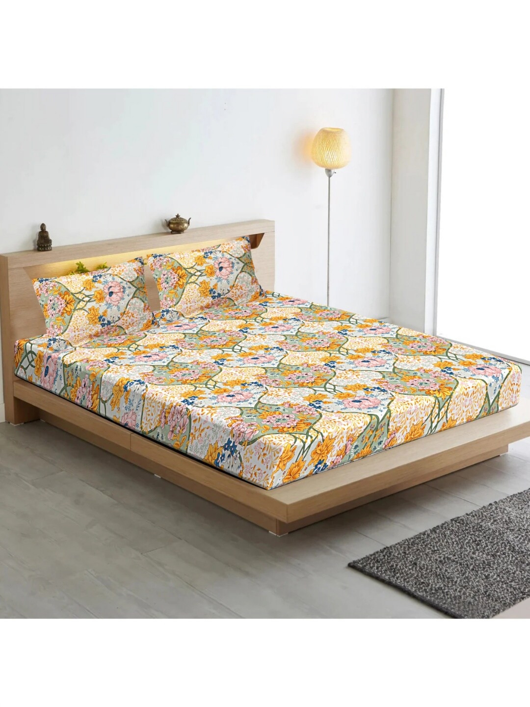 INDHOME LIFE Magnet Orange Floral Cotton 210 TC Fitted King Fine Bedsheet with 2 Pillow Covers-98 x 94 inches