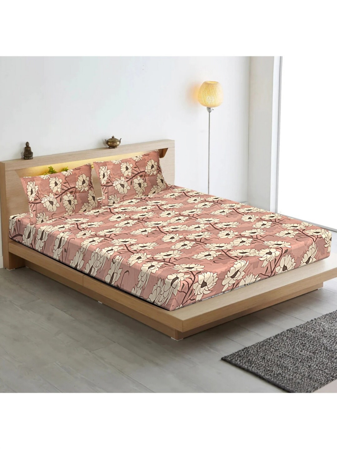 INDHOME LIFE Brown Floral Cotton 210 TC Fitted King Superfine Bedsheet with 2 Pillow Covers-98 x 94 inches