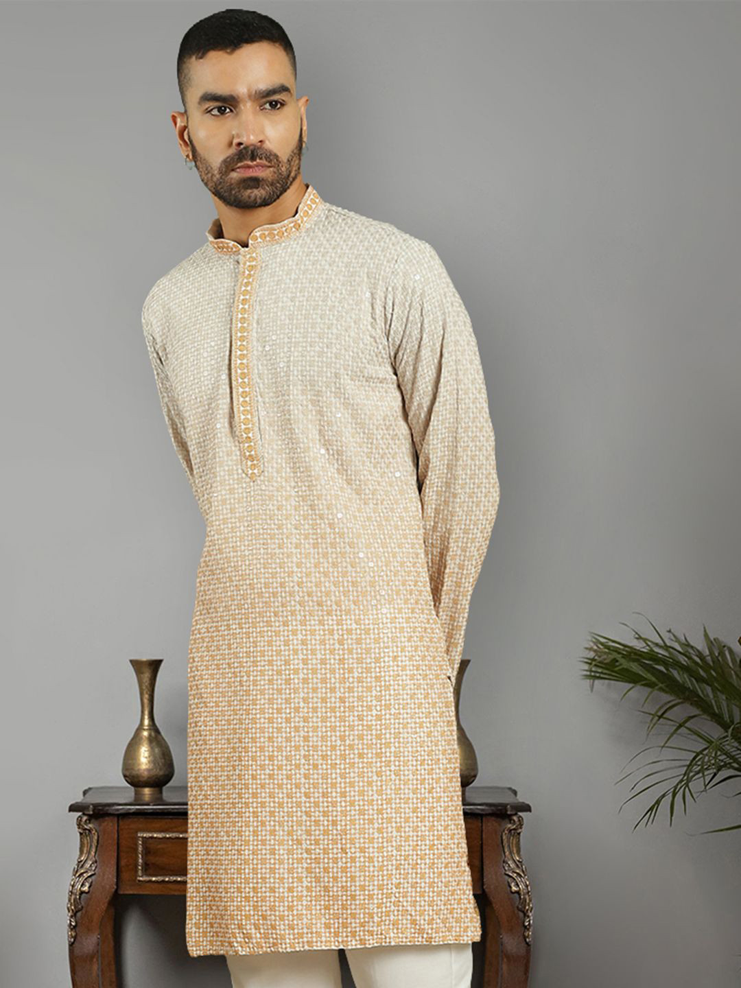 Jompers Men Geometric Thread Work Kurta