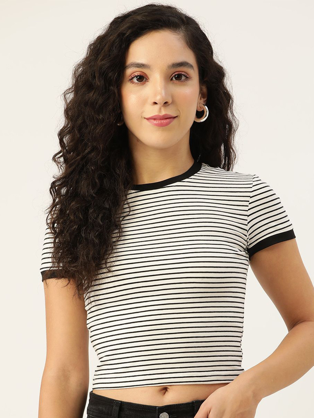 FEMEA Striped Pattern Round Neck Cotton Crop Top