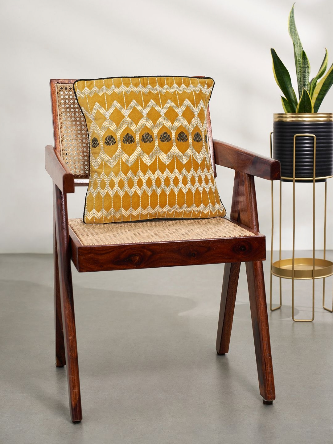 Living scapes by Pantaloons Yellow Geometric Cotton Square Cushion Cover -16x16In