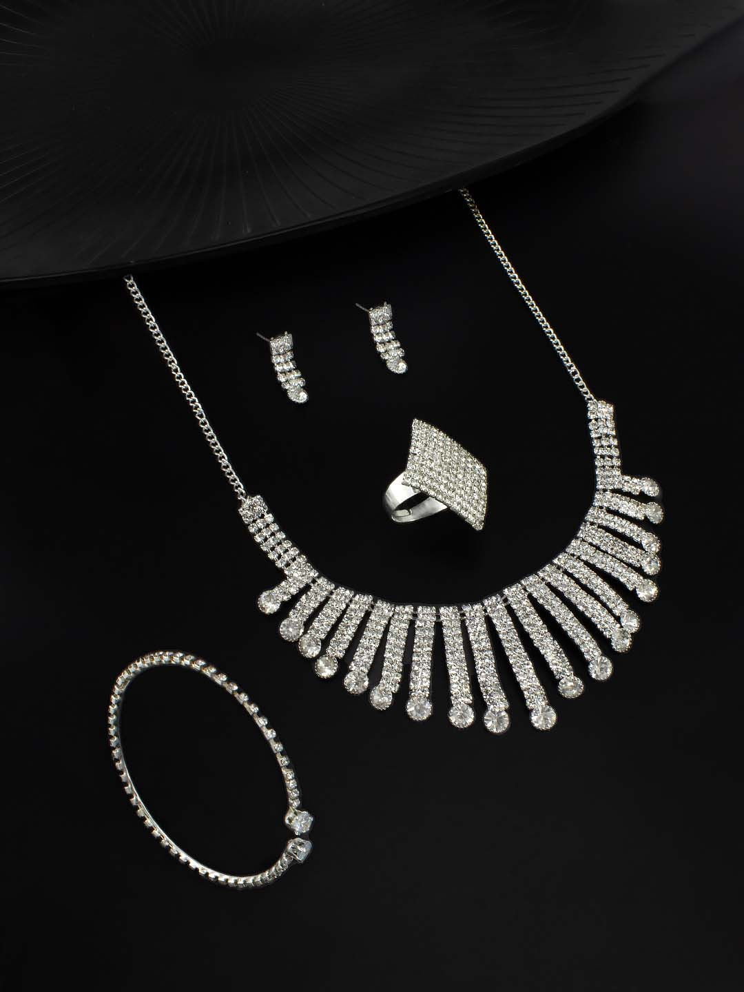 PRIVIU Silver Plated Rhinestone-Studded Jewellery Set  for Women