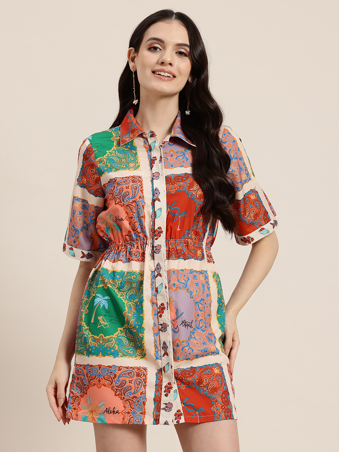 HERE&NOW Tropical Print Cinched Waist Shirt Dress