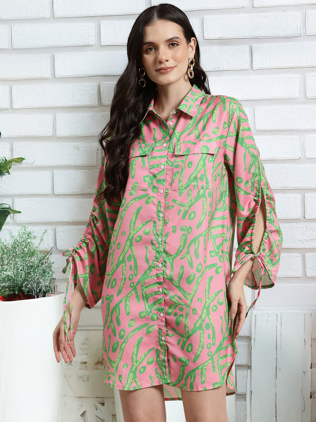 HERE&NOW Quirk Zone Print Puff Sleeve Shirt Mini Dress