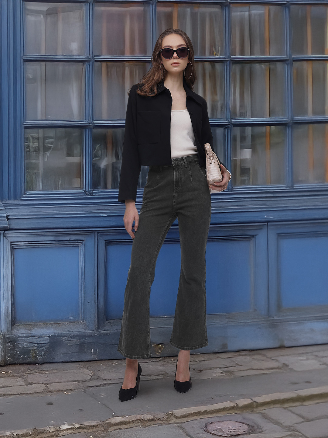 French Connection Women Flared Heavy Fade Pleated Stretchable Jeans