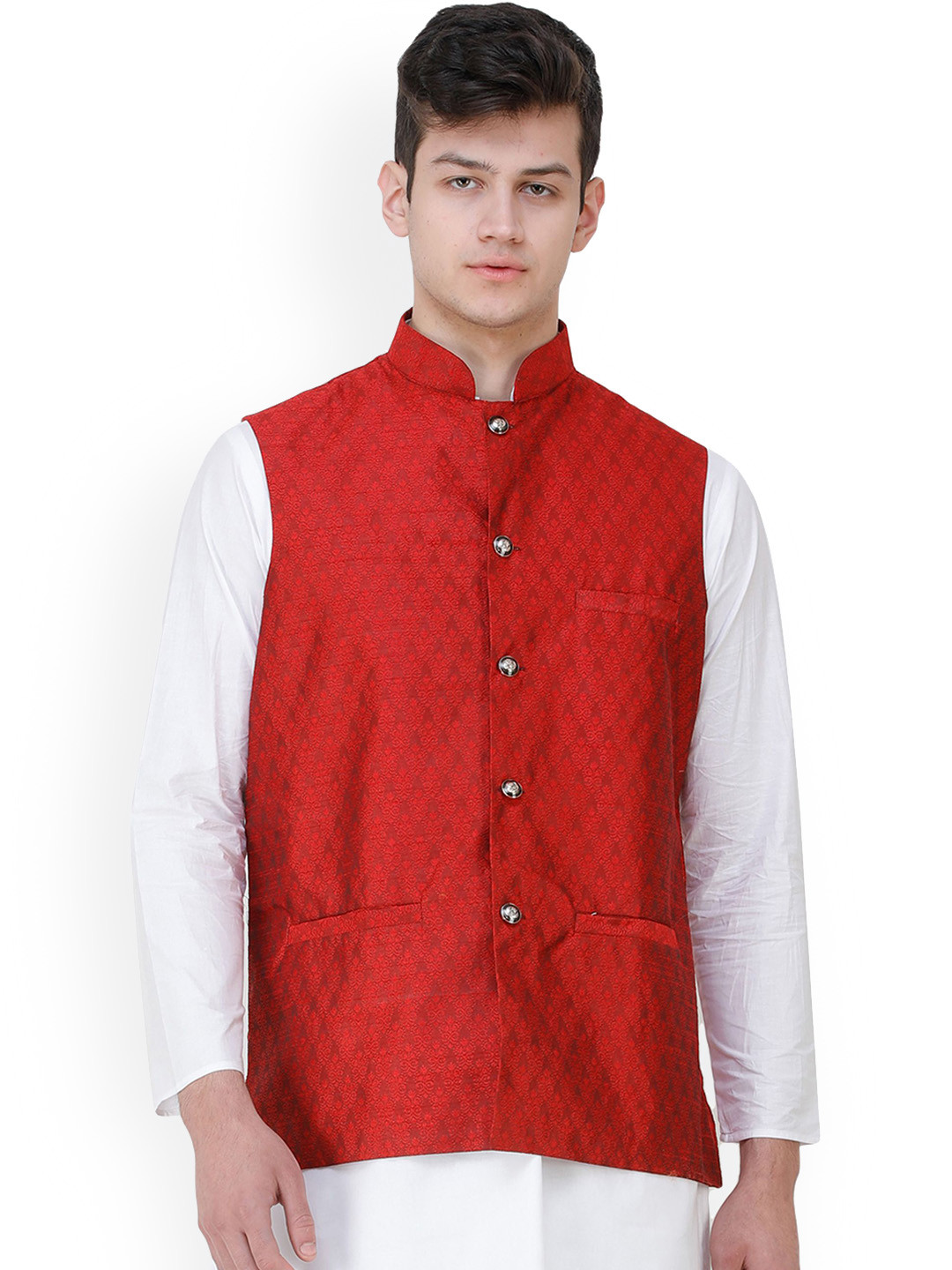 Exotic India Rio Red Wedding Waistcoat with Jacquard Woven Bootis and Front Pockets