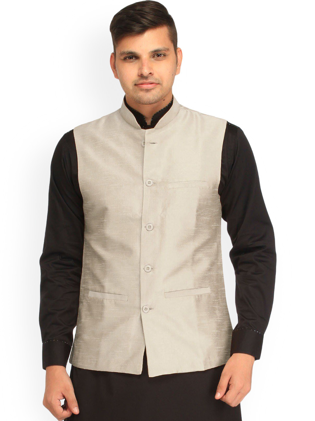 Exotic India Art Silk Plain Wedding Nehru Jacket with Front Pockets