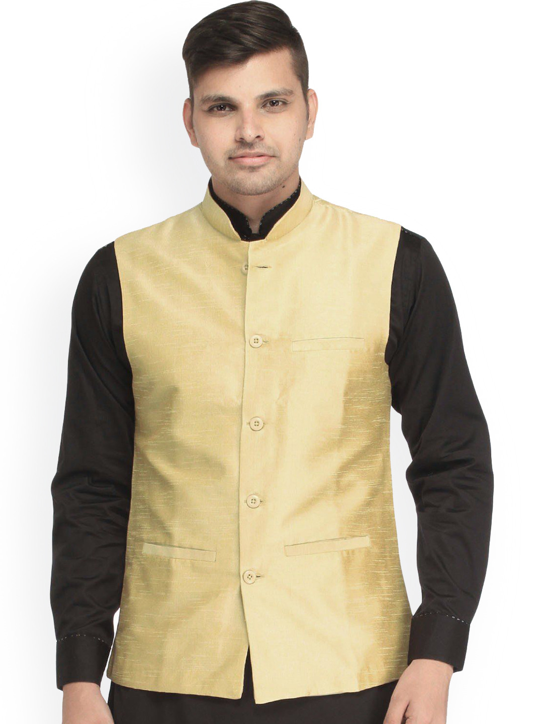 Exotic India Champagne Beige Art Silk Plain Wedding Waistcoat with Front Pockets