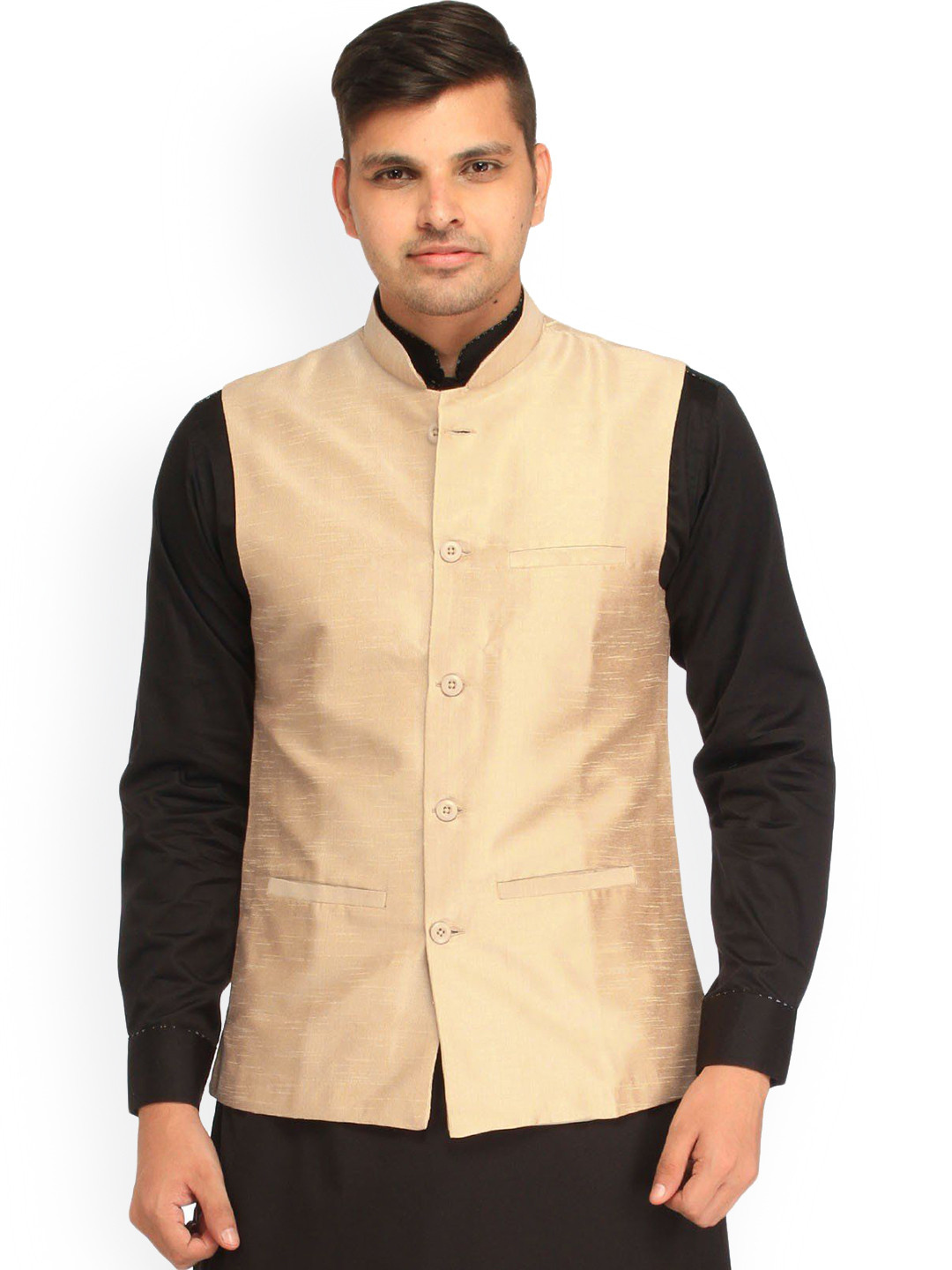 Exotic India Art Silk Mellow Buff Plain Wedding Waistcoat with Front Pockets