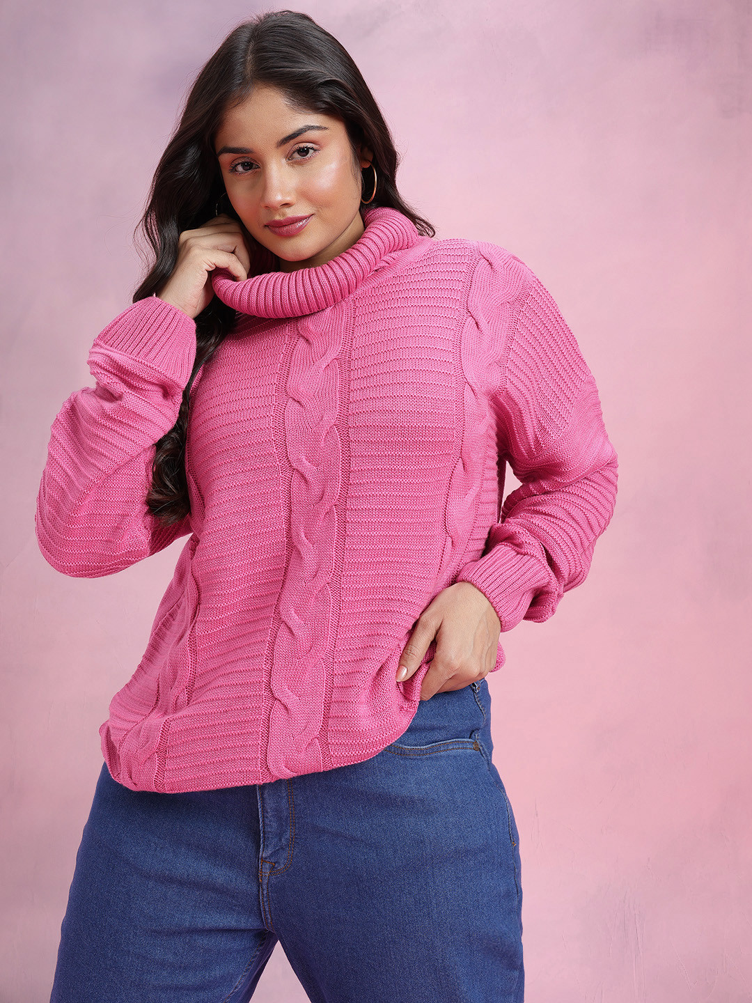 DressBerry Curve Plus Size Cable Knit Pure Acrylic Longline Pullover