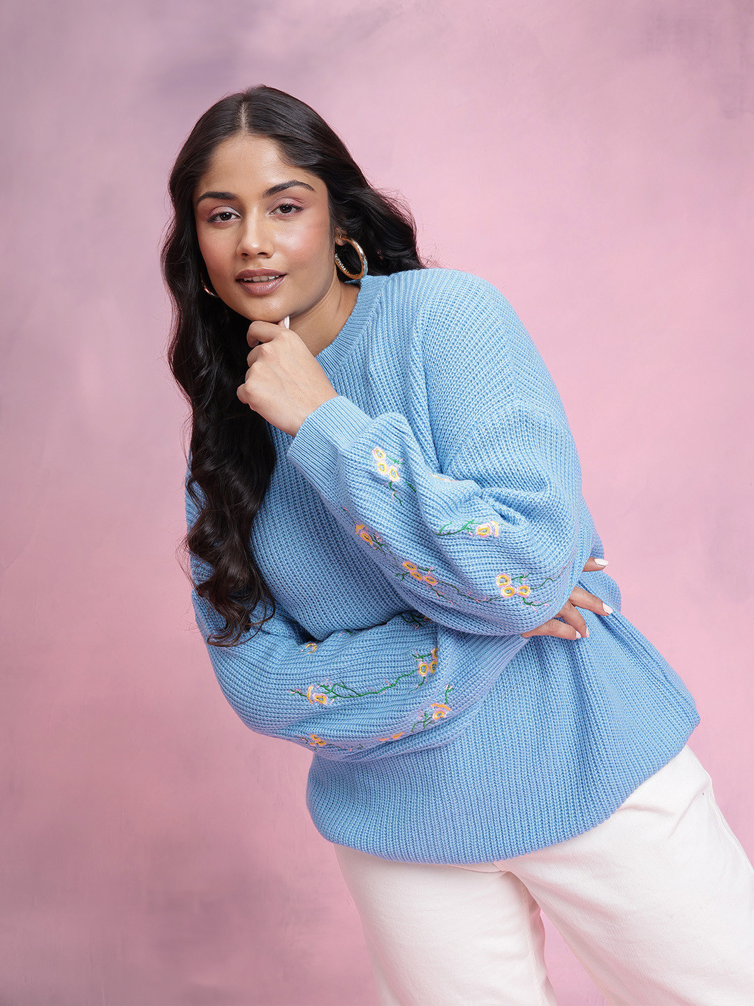 DressBerry Curve Plus Size Embroidered Sleeves Ribbed Pullover